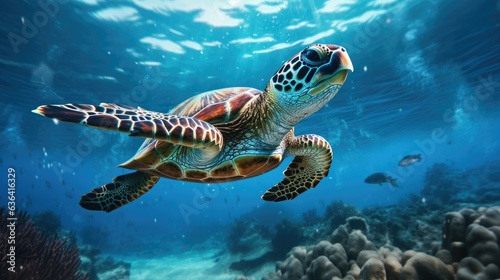 Majestic Loggerhead Sea Turtle in Underwater Reef Habitat