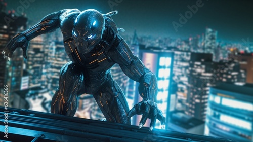 cyberpunk panther running up the side of a building in.Generative AI