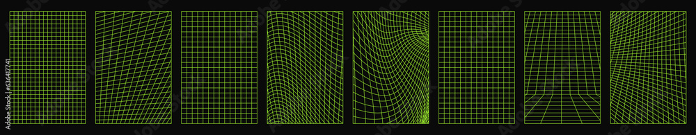 Distorted vertical grid set. Green neon posters, banners. 90s, 2000s retro style vaporwave, wireframe, futuristic background. Vector illustration isolated on black background