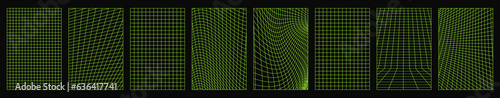 Distorted vertical grid set. Green neon posters, banners. 90s, 2000s retro style vaporwave, wireframe, futuristic background. Vector illustration isolated on black background photo