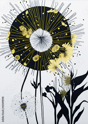 abstract floral background Black , white and gold coloured digital painting of a dandelion flowers ,Cubism Inspired Bohemian Style , fantasy theme , printable art , wall art , generative ai