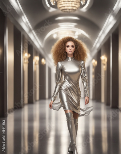 Woman in a short fashionable golden silver dress with a long dress like a Barbie doll model