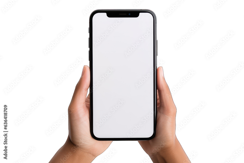 Top view of woman holding smartphone with white screen isolated on white background. Generative AI Top view of woman holding smartphone with white screen isolated on white background. Generative AI