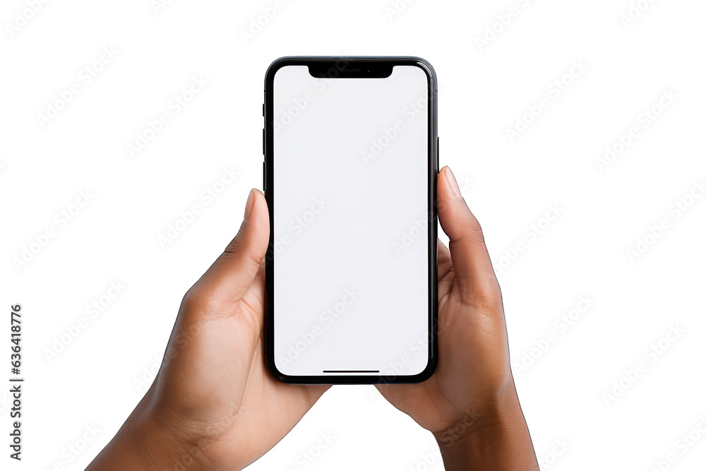 Top view of woman holding smartphone with white screen isolated on white background. Generative AI Top view of woman holding smartphone with white screen isolated on white background. Generative AI