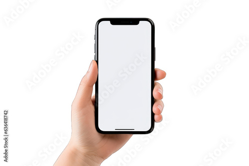 woman hand holding smartphone with white screen isolated on white background. Generative AI