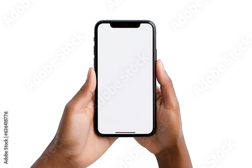 Top view of woman holding smartphone with white screen isolated on white background. Generative AI