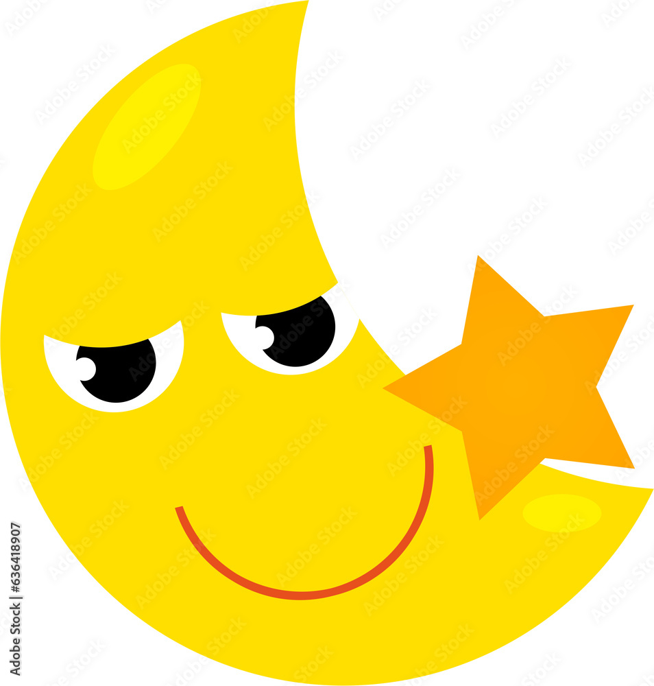 cartoon scene with bright moon like sun smiling isolated illustration for children