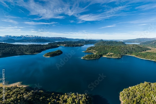 Aerial view of Perito Moreno Lake in Bariloche, Argentina, surrounded by mountains of Patagonia