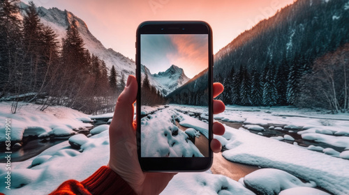 Traveler holding smartphone and making a shoot of winter landscape.