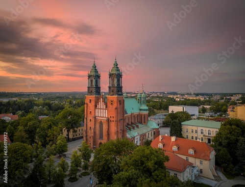 Aerial view of the Cathedral Basilica of Saints Peter and Paul in Poznan, Ostrow Tumski