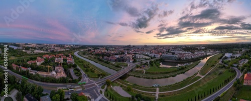 aerial drone panorama view of city Poznan in Poland with beautiful sky
