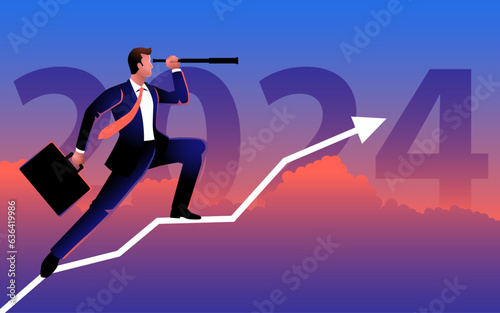 Businessman using telescope on a graph chart, with the bold text 2024 as the backdrop. An  image reflecting the optimism and opportunities of the coming year