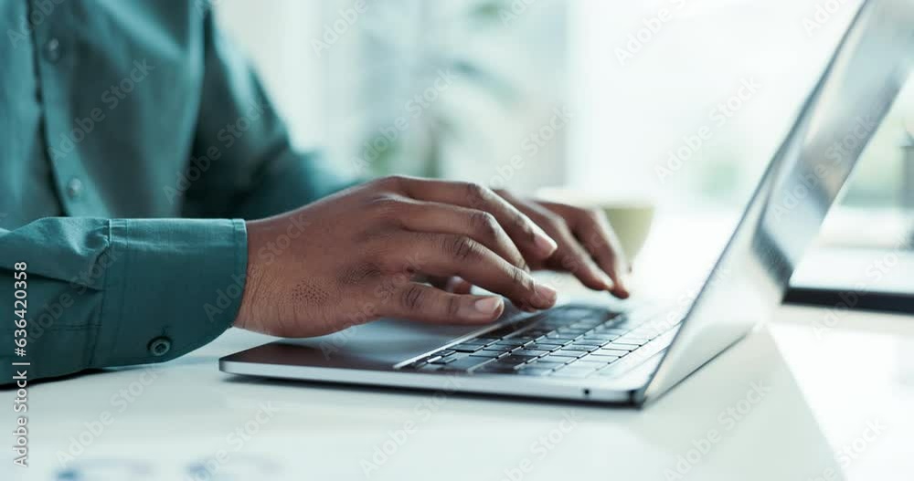 Business, hands and a person typing on a laptop for communication, email or contact. Desk, workspace and a corporate employee on a computer in an office for internet, working or online search