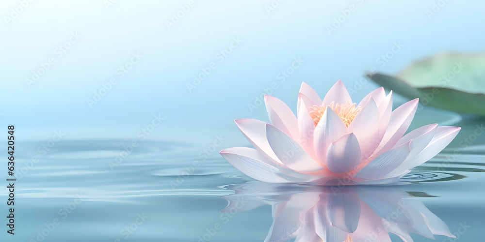 Fototapeta premium Bright blooming pink water lotus flower. Blue background. Meditation symbol.