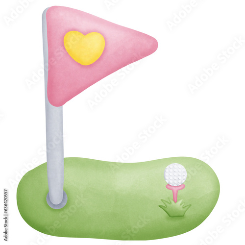 Green golf course with pink flag and yellow heart on it with golf ball is placed on a cone against the grass isolated on transparent background 