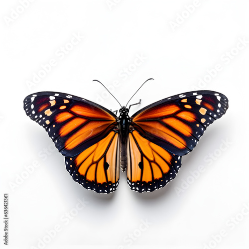 A detailed portrait of a Monarch butterfly placed on a white background. © SAL