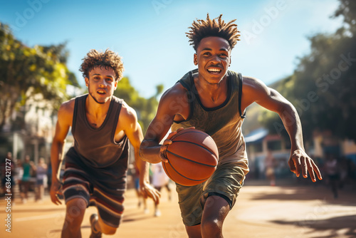 Two multiracial street basketball players having training outdoor