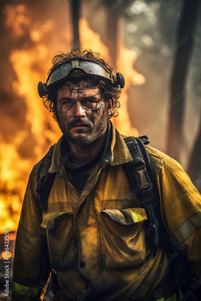 Generative AI illustration of a firefighter putting out a fire in the forest surrounded by flames Generative AI illustration of a firefighter putting out a fire in the forest surrounded by flames