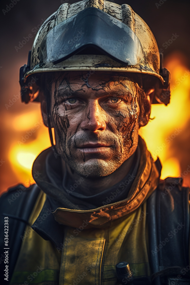 Generative AI illustration of a firefighter putting out a fire in the forest surrounded by flames Generative AI illustration of a firefighter putting out a fire in the forest surrounded by flames