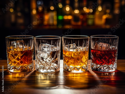 A collection of mixed bourbon whiskey concoctions, elegantly presented in low glasses, adorning a table of indulgence. Selection of flavored bourbon whiskey cocktails. photo