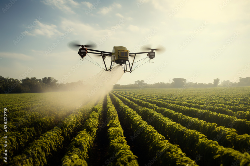 Generative Ai illustration of Drone flying and spraying crop fields with ecological and sustainable pesticides Generative Ai illustration of Drone flying and spraying crop fields with ecological and sustainable pesticides
