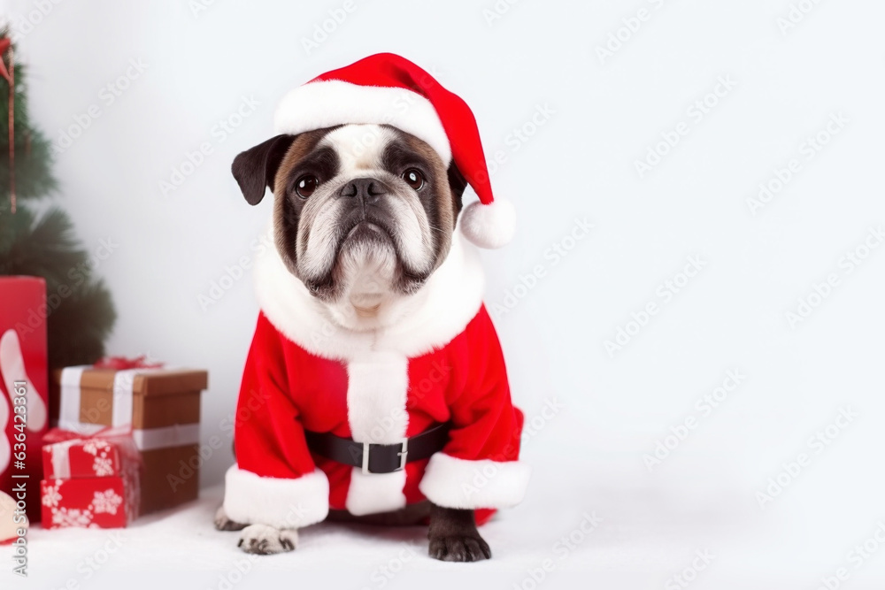 Dog with red Santa costume and Christmas gifts. Dog with red Santa costume and Christmas gifts.