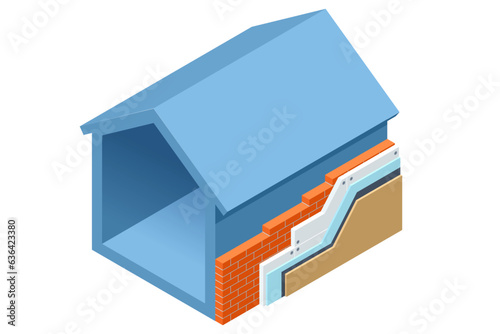 Isometric thermal external Insulation brick wall. Homes energy efficiency. Improve the energy efficiency of your house, save on energy costs, invest in maintaining the value and living comfort of your