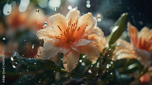 A close-up shot of a stunning ethereal blooming flowers in garden fresh after rain. Unique wedding card, events, celebration, fashion presentation, wallpaper. Generative AI.  © Dannchez