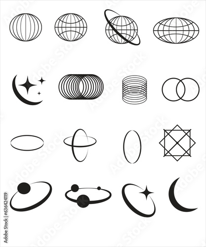 Retro futuristic elements for design. Big collection of abstract graphic geometric symbols and objects in y2k style.