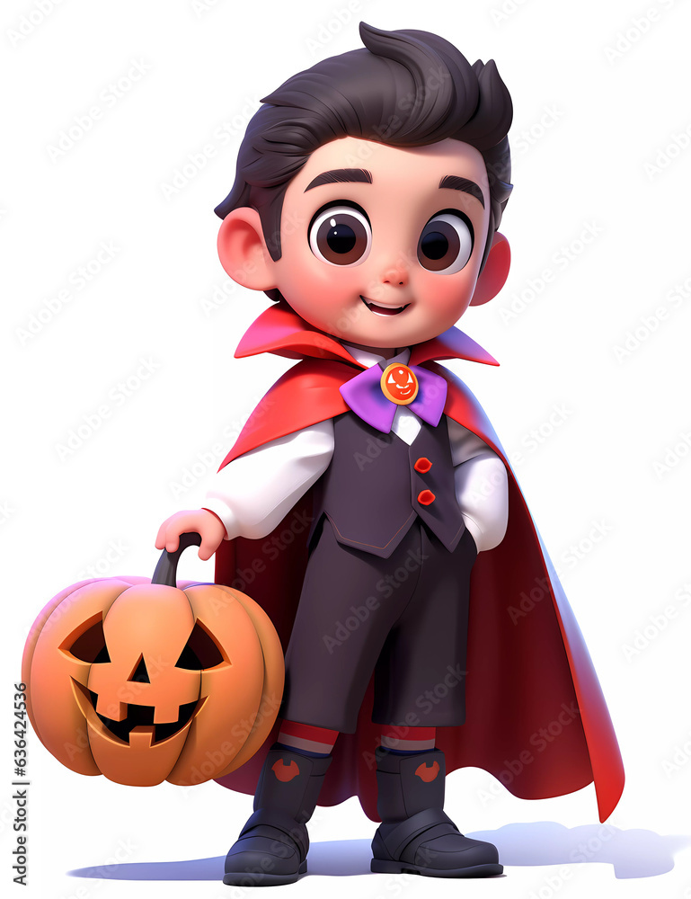 3d cute little boy with funny dracula costume. he is holding halloween pumpkin for halloween party