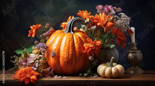 Composition autumn bouquet of flowers and pumpkin created with Generative AI technology