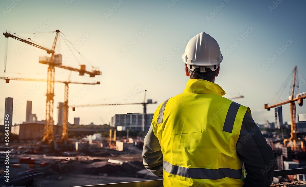 Engineer wearing protective cask and yellow vest looks at the construction site, Building cranes at backdrop. Engineer wearing protective cask and yellow vest looks at the construction site, Building cranes at backdrop.