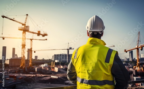 Engineer wearing protective cask and yellow vest looks at the construction site, Building cranes at backdrop.