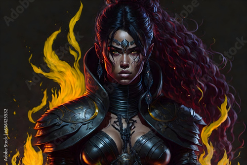 Enigmatic Black-Clad Warrior Woman with Intense Fire Eyes and Flowing Long Hair