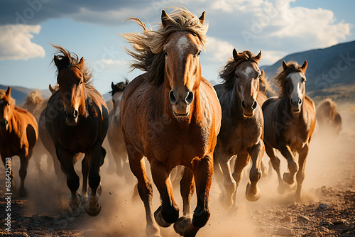 group of wild horses running in the desert. © ARAMYAN