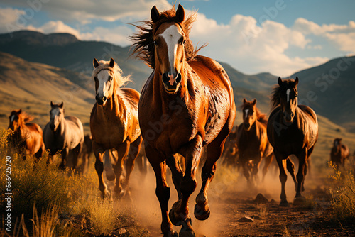 group of wild horses running in the desert.