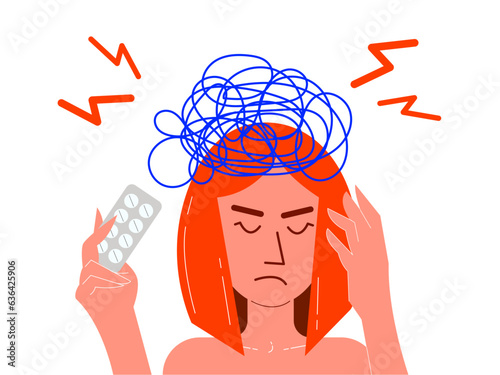 The girl suffers from headaches and migraines, symptoms of a viral disease. Suffering from various types of headaches. Vector illustration in a flat style on an isolated white background.