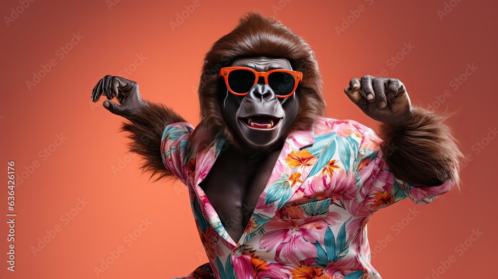 A grooving gorilla in a Hawaiian shirt and sunglasses, showcasing its dance skills with playful enthusiasm. Animal illustration, fairy tale image. Generative AI. 
