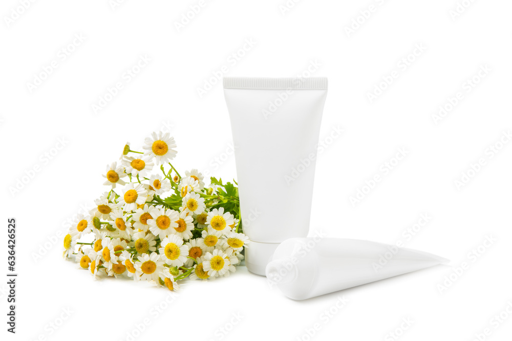 Jar of body and hand cream with chamomile flower isolated on white background. Herbal dermatological cosmetic hygiene cream. Natural cosmetic product. Beauty concept. Cosmetic tube.MOCKUP. Jar of body and hand cream with chamomile flower isolated on white background. Herbal dermatological cosmetic hygiene cream. Natural cosmetic product. Beauty concept. Cosmetic tube.MOCKUP.