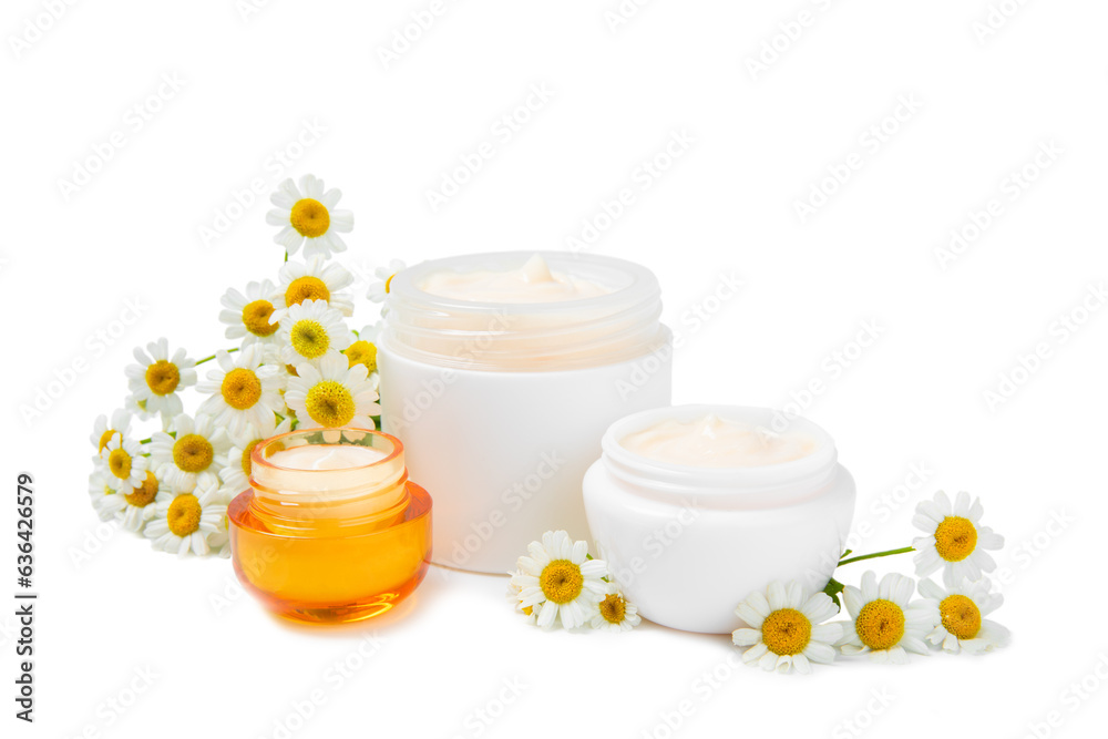 Jar of body and hand cream with chamomile flower isolated on white background. Herbal dermatological cosmetic hygiene cream. Natural cosmetic product. Beauty concept. Cosmetic tube.MOCKUP. Jar of body and hand cream with chamomile flower isolated on white background. Herbal dermatological cosmetic hygiene cream. Natural cosmetic product. Beauty concept. Cosmetic tube.MOCKUP.