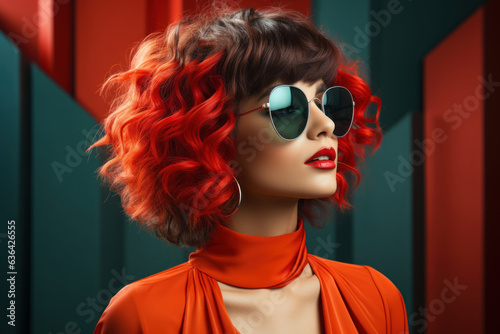 Young Woman Showcasing Sunglasses with Colorful Lenses, Embracing Trendercore & Playful Pop Aesthetics. photo