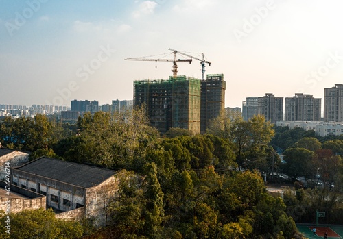 Tall crane stands against a backdrop of lush green trees and distant city buildings