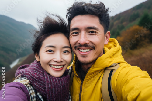 Young asian traveler couple taking selfie with smartphone