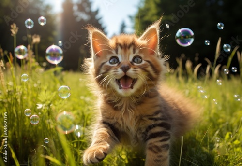 Kitten playing with soap bubbles