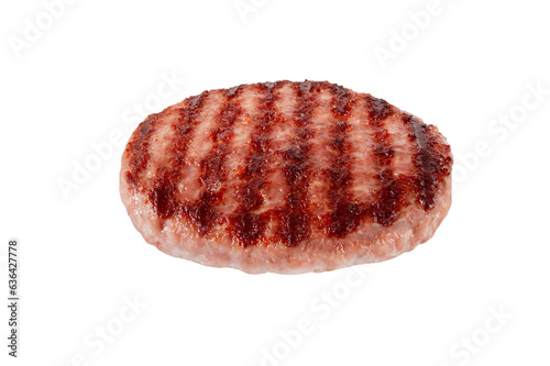 Ground beef meat patty or burger with blackened grill marks isolated transparent png. Hamburger ingredient.