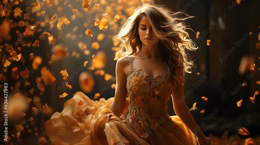 Beautiful young woman in a golden dress with flying autumn leaves. Beautiful young woman in a golden dress with flying autumn leaves.