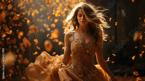 Beautiful young woman in a golden dress with flying autumn leaves.