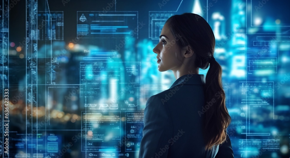 Fototapeta premium Business woman,leader entrepreneur, professional manager looking forward, among digital hologram representing online network and artifical intelligence, generative ai