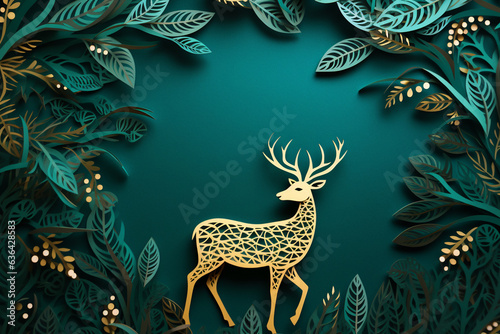 paper cut style Christmas themed emerald green card with golden deer, ornate