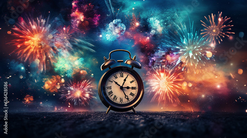 A festive scene of fireworks lighting up the night sky, painting it with a brilliant array of colors as the clock strikes midnight on New Year's Eve 